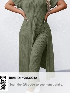 Ribbed Olive Green Wide-Leg Jumpsuit with Side Slits